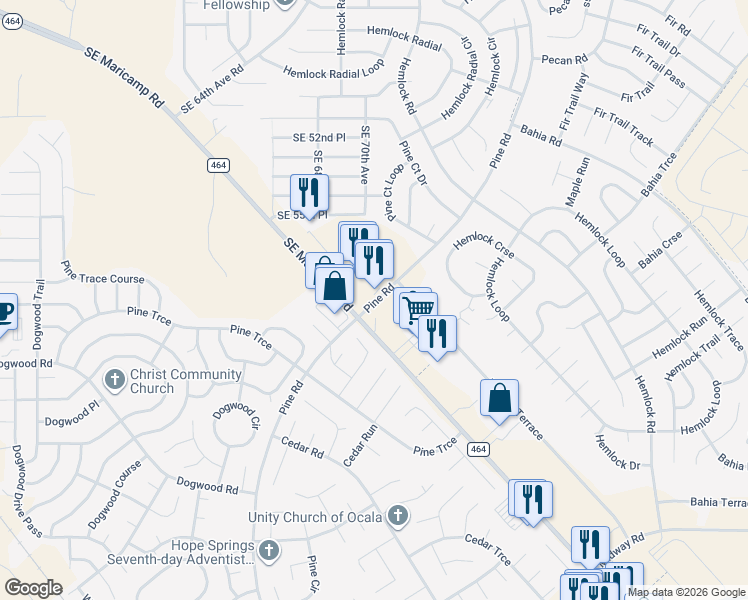 map of restaurants, bars, coffee shops, grocery stores, and more near 6847 Southeast Maricamp Road in Ocala