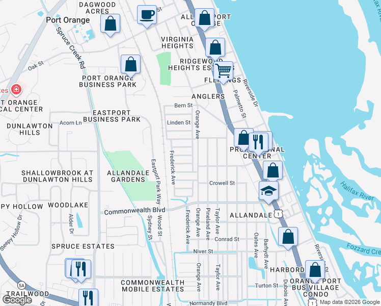map of restaurants, bars, coffee shops, grocery stores, and more near 135 Young Street in Port Orange