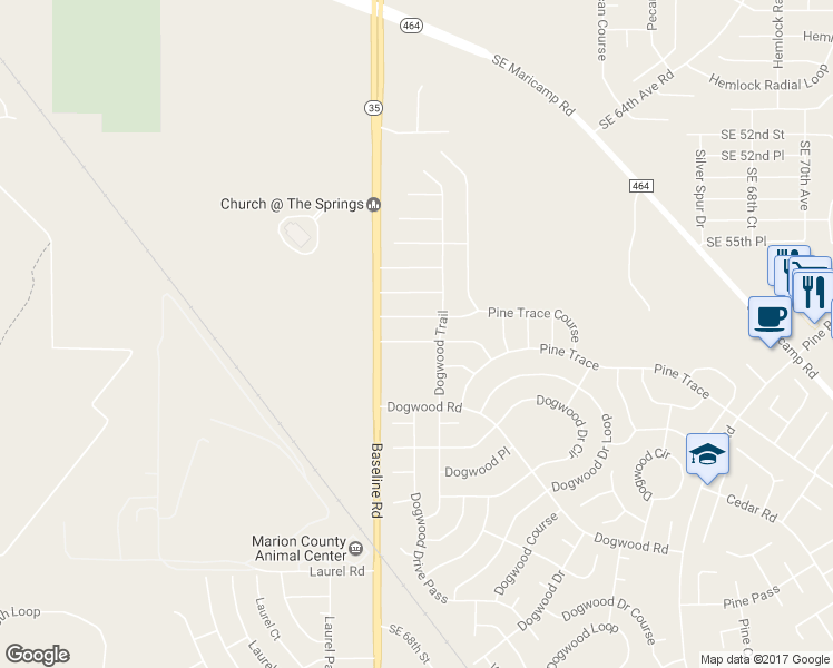 map of restaurants, bars, coffee shops, grocery stores, and more near 21 Dogwood Trail Course in Ocala