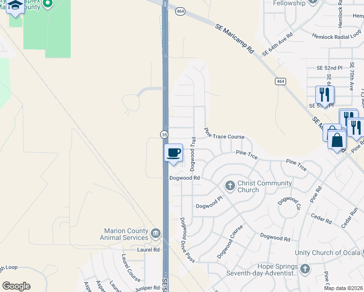 map of restaurants, bars, coffee shops, grocery stores, and more near 21 Dogwood Trail Course in Ocala