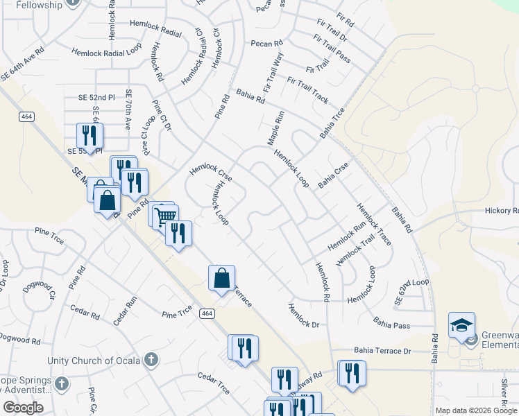 map of restaurants, bars, coffee shops, grocery stores, and more near 9 Hemlock Way in Ocala