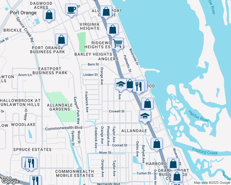 map of restaurants, bars, coffee shops, grocery stores, and more near 5127 Pineland Avenue in Port Orange
