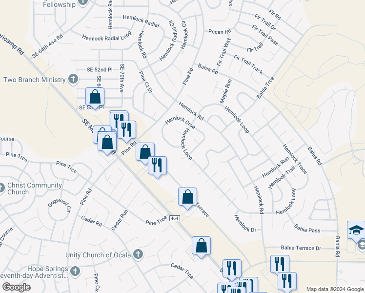 map of restaurants, bars, coffee shops, grocery stores, and more near 7000 Hemlock Course Run in Ocala