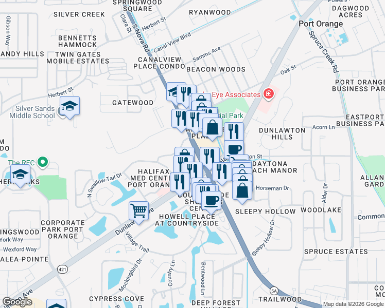 map of restaurants, bars, coffee shops, grocery stores, and more near 3800 South Nova Road in Port Orange