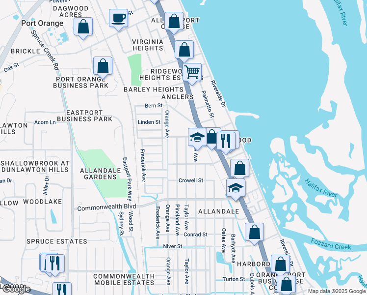 map of restaurants, bars, coffee shops, grocery stores, and more near 5120 Taylor Avenue in Port Orange
