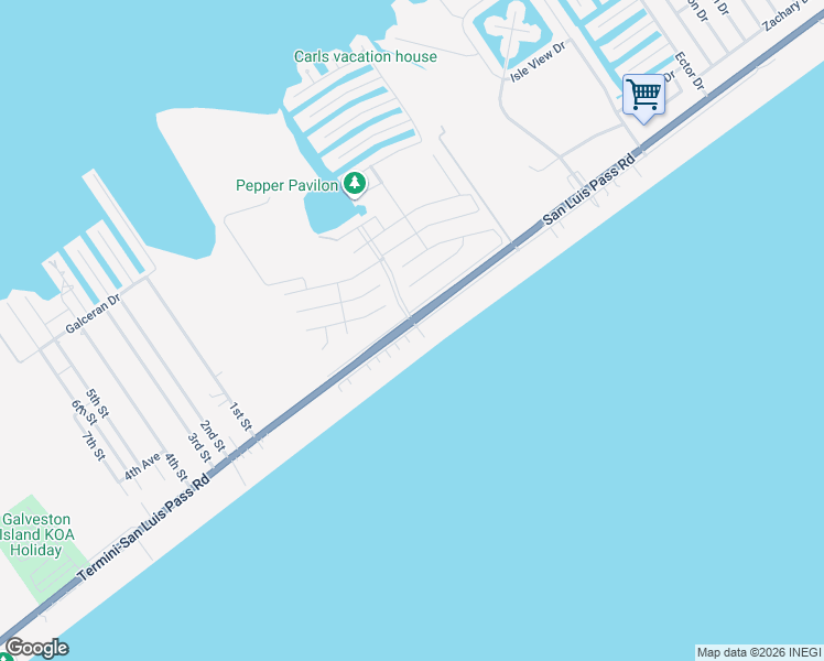 map of restaurants, bars, coffee shops, grocery stores, and more near 16760 Gulf Drive in Galveston