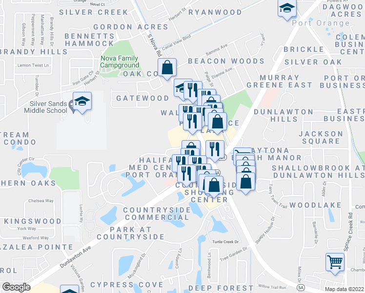 map of restaurants, bars, coffee shops, grocery stores, and more near 1058 Eagle Lake Trail in Port Orange