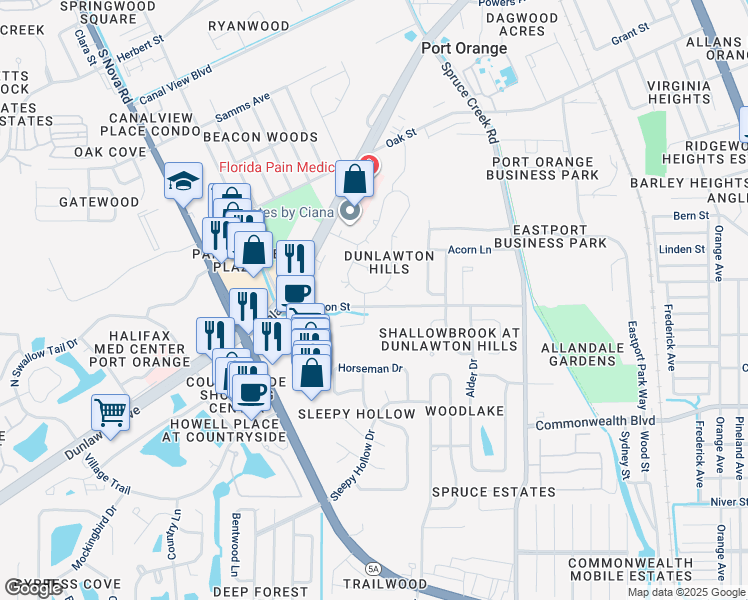 map of restaurants, bars, coffee shops, grocery stores, and more near 966 Stonybrook Circle in Port Orange