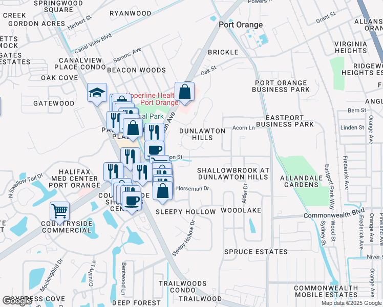 map of restaurants, bars, coffee shops, grocery stores, and more near 966 Stonybrook Circle in Port Orange