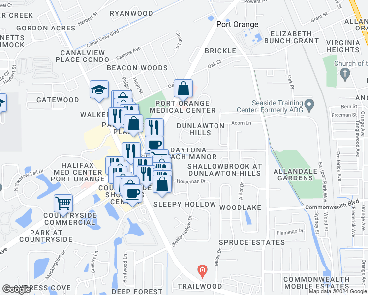 map of restaurants, bars, coffee shops, grocery stores, and more near 970 Stonybrook Circle in Port Orange