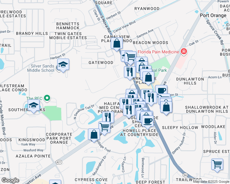 map of restaurants, bars, coffee shops, grocery stores, and more near 1025 Eagle Lake Trail in Port Orange