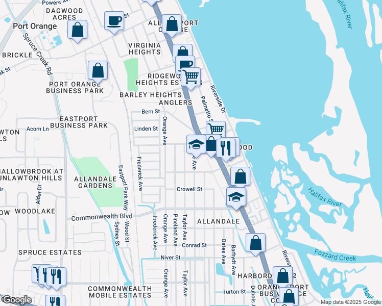 map of restaurants, bars, coffee shops, grocery stores, and more near 5115 Isabelle Avenue in Port Orange