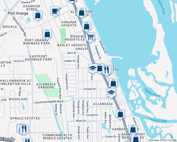 map of restaurants, bars, coffee shops, grocery stores, and more near 5103 Taylor Avenue in Port Orange