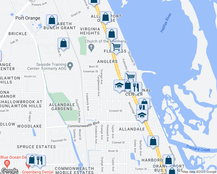 map of restaurants, bars, coffee shops, grocery stores, and more near 5113 Pineland Avenue in Port Orange