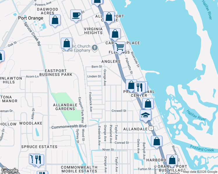 map of restaurants, bars, coffee shops, grocery stores, and more near 236 Orchard Street in Port Orange