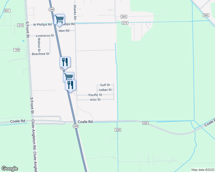 map of restaurants, bars, coffee shops, grocery stores, and more near 216 Gulf Street in Angleton