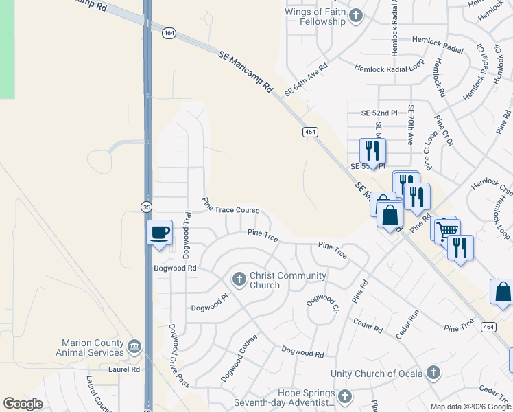 map of restaurants, bars, coffee shops, grocery stores, and more near 21 Pine Trace Course in Ocala