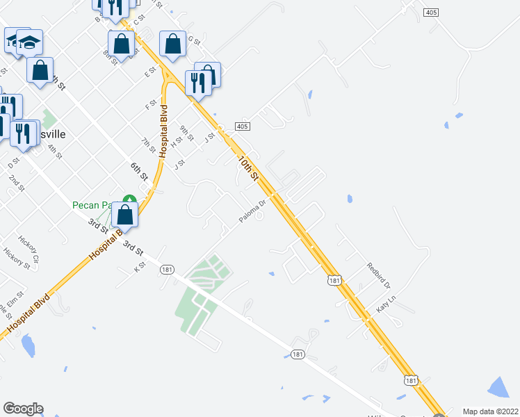 map of restaurants, bars, coffee shops, grocery stores, and more near 105 Paloma Drive in Floresville