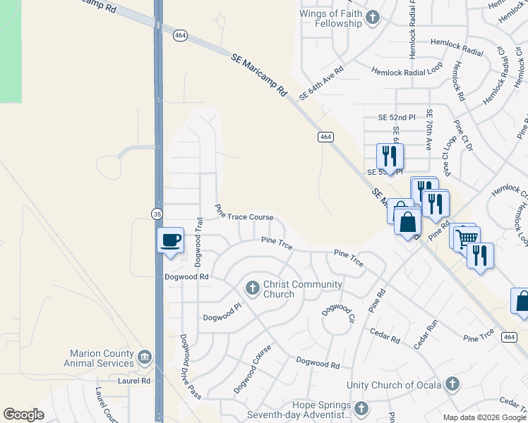 map of restaurants, bars, coffee shops, grocery stores, and more near 21 Pine Trace Course in Ocala