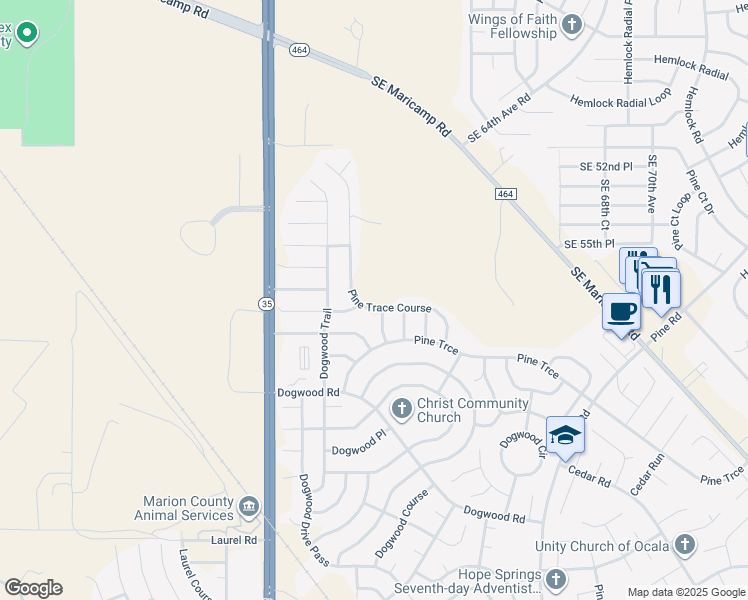 map of restaurants, bars, coffee shops, grocery stores, and more near 37 Pine Trace Course in Ocala