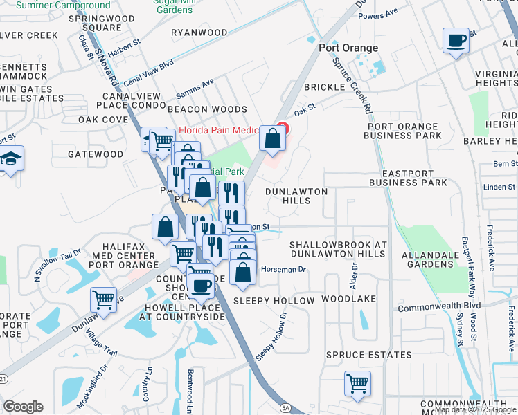 map of restaurants, bars, coffee shops, grocery stores, and more near 852 Dunlawton Avenue in Port Orange