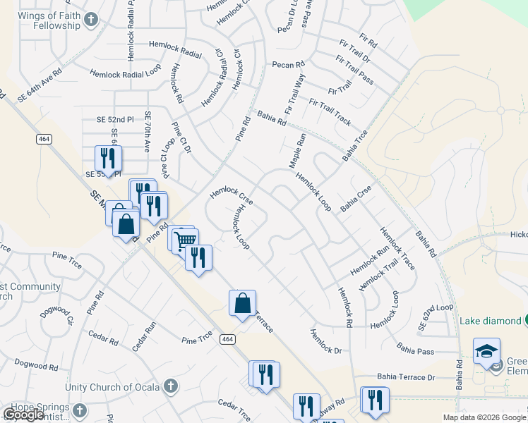 map of restaurants, bars, coffee shops, grocery stores, and more near 7055 Hemlock Road in Ocala