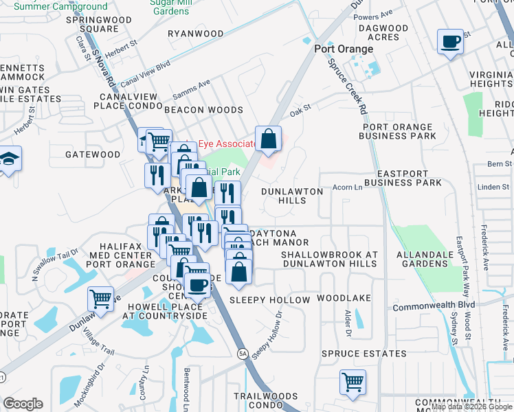 map of restaurants, bars, coffee shops, grocery stores, and more near 852 Dunlawton Avenue in Port Orange