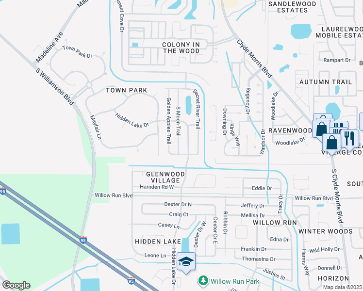 map of restaurants, bars, coffee shops, grocery stores, and more near 4661 South Moon Trail in Port Orange