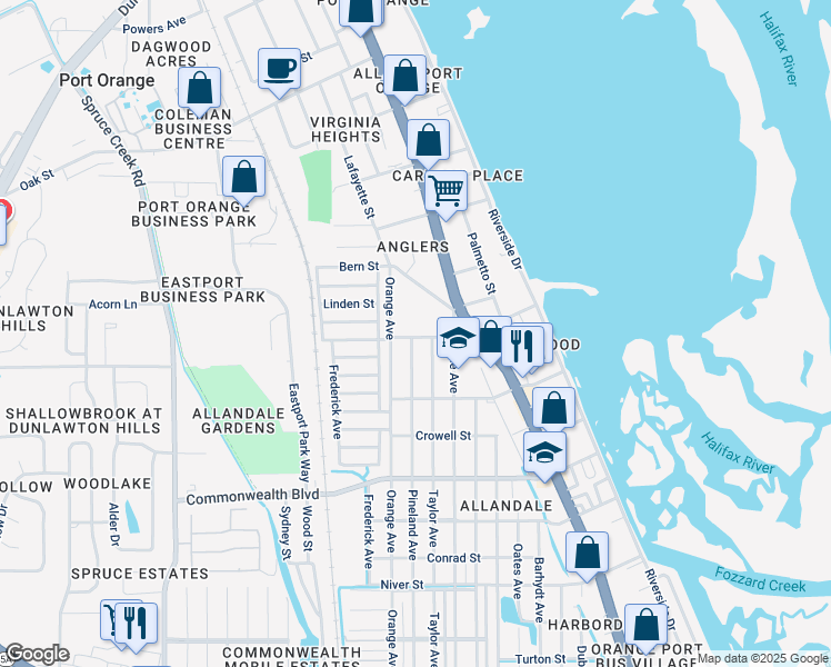 map of restaurants, bars, coffee shops, grocery stores, and more near 236 Orchard Street in Port Orange