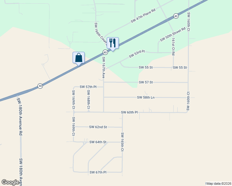 map of restaurants, bars, coffee shops, grocery stores, and more near 16631 Southwest 58th Lane in Ocala