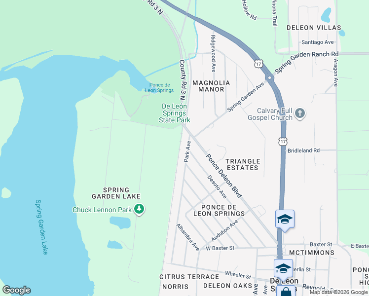 map of restaurants, bars, coffee shops, grocery stores, and more near 5560 Park Avenue in De Leon Springs