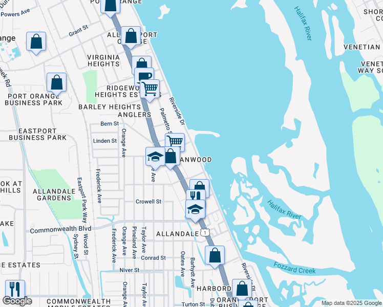 map of restaurants, bars, coffee shops, grocery stores, and more near 5100 Riverside Drive in Port Orange