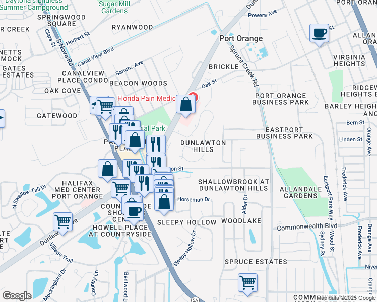 map of restaurants, bars, coffee shops, grocery stores, and more near 1001 Fox Trace Court in Port Orange