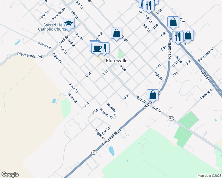 map of restaurants, bars, coffee shops, grocery stores, and more near 1611 S 2nd St in Floresville