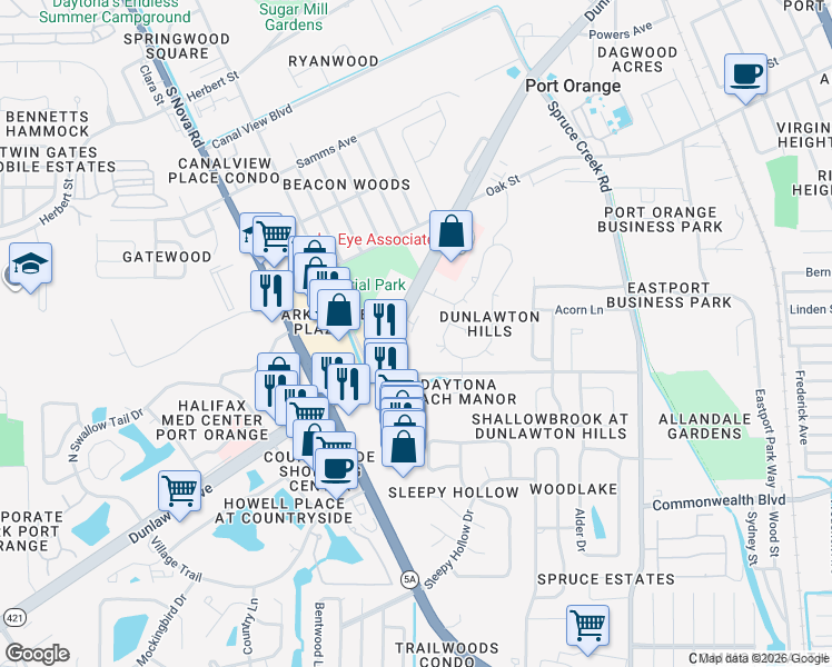 map of restaurants, bars, coffee shops, grocery stores, and more near 852 Dunlawton Avenue in Port Orange