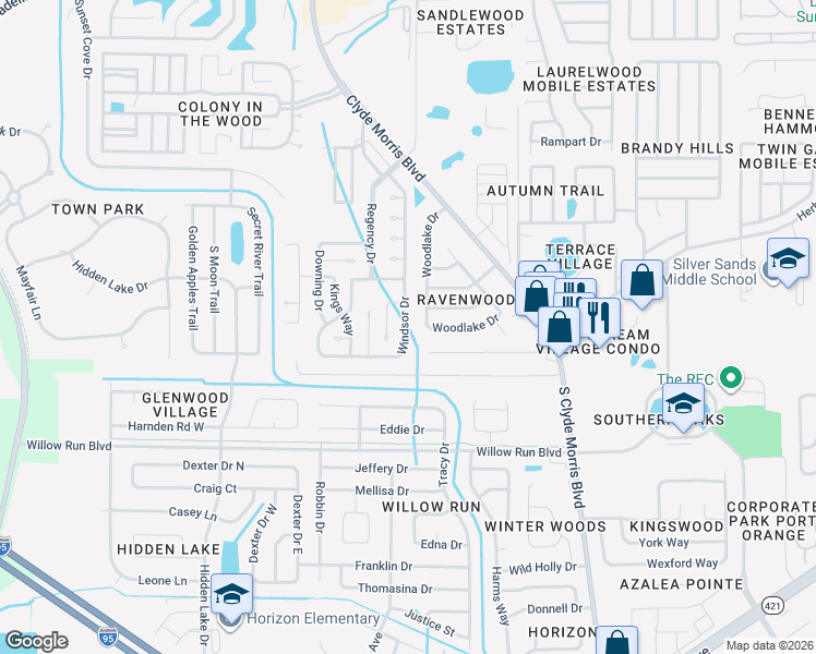 map of restaurants, bars, coffee shops, grocery stores, and more near 205 Windsor Drive in Port Orange