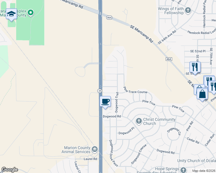 map of restaurants, bars, coffee shops, grocery stores, and more near 4 Dogwood Trail Pass in Ocala