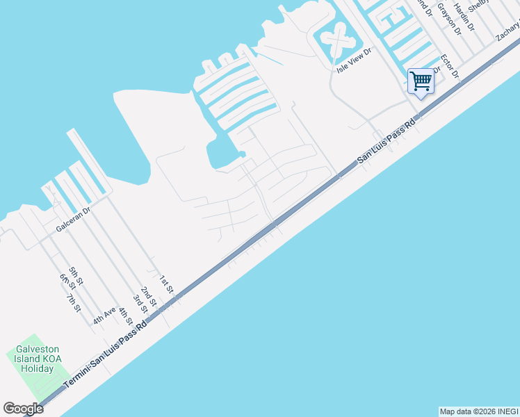 map of restaurants, bars, coffee shops, grocery stores, and more near 23102 Buena Street in Galveston