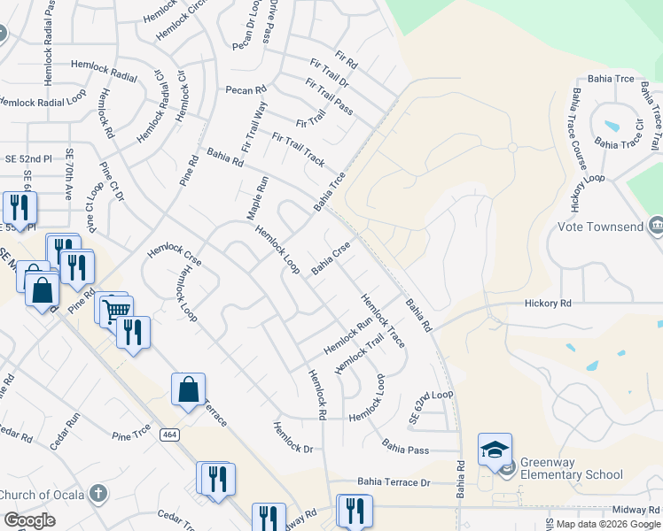 map of restaurants, bars, coffee shops, grocery stores, and more near 2 Hemlock Trace in Ocala