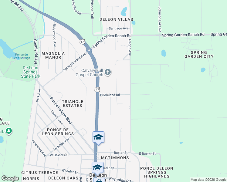map of restaurants, bars, coffee shops, grocery stores, and more near 5410 De Leon Springs Ranch Road in De Leon Springs