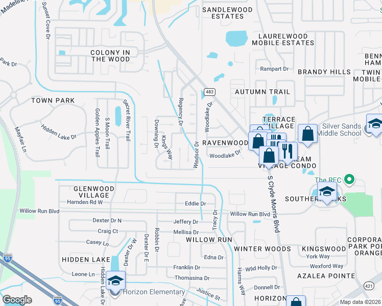 map of restaurants, bars, coffee shops, grocery stores, and more near 205 Windsor Drive in Port Orange