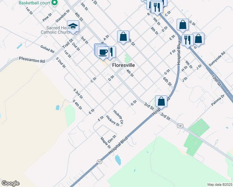 map of restaurants, bars, coffee shops, grocery stores, and more near 1611 South 2nd Street in Floresville
