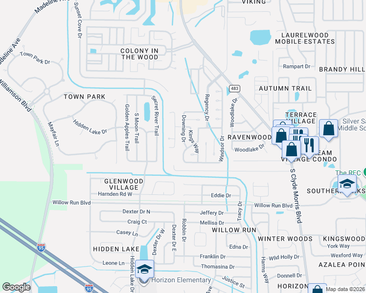 map of restaurants, bars, coffee shops, grocery stores, and more near 305 Windsor Drive in Port Orange