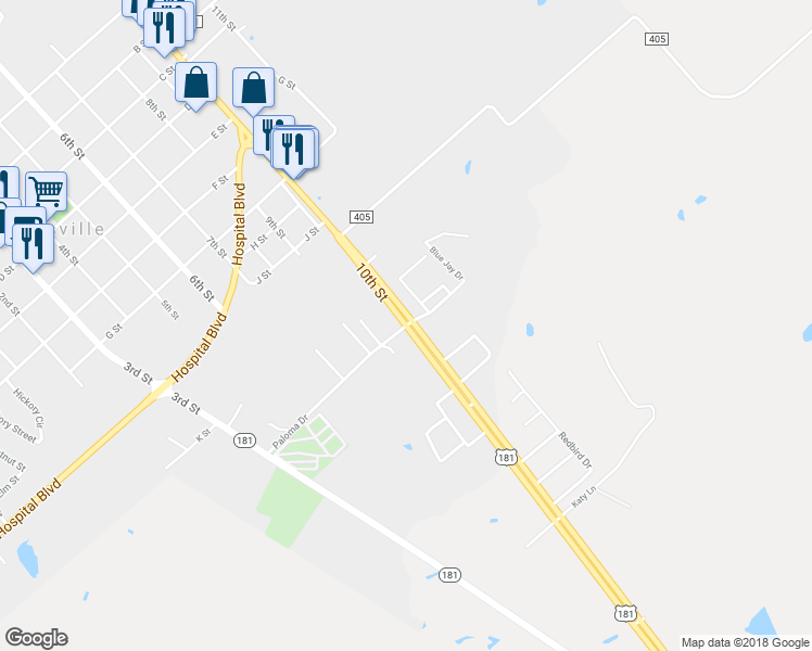 map of restaurants, bars, coffee shops, grocery stores, and more near 2199 10th Street in Floresville