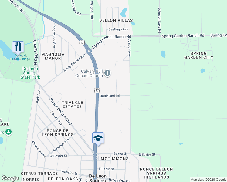 map of restaurants, bars, coffee shops, grocery stores, and more near 5410 De Leon Springs Ranch Road in De Leon Springs