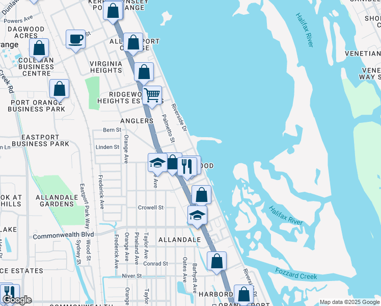 map of restaurants, bars, coffee shops, grocery stores, and more near 5100 Riverside Drive in Port Orange