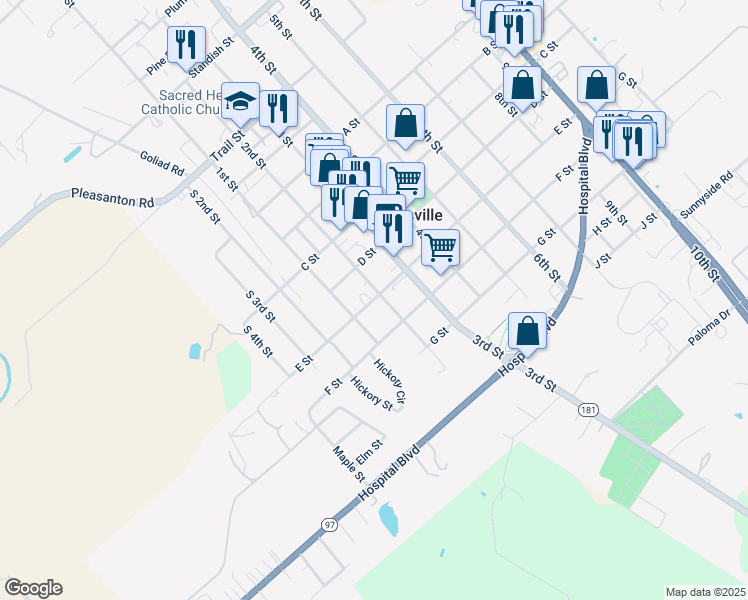 map of restaurants, bars, coffee shops, grocery stores, and more near 1611 South 2nd Street in Floresville