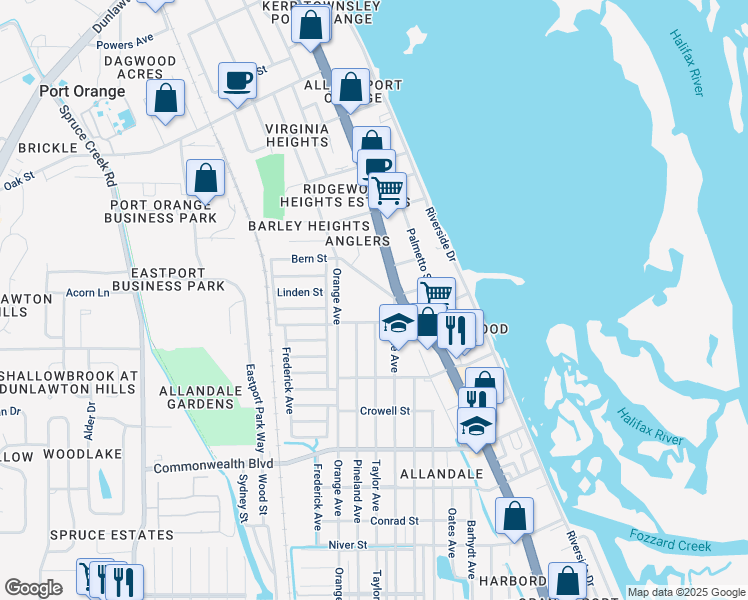 map of restaurants, bars, coffee shops, grocery stores, and more near 236 Orchard Street in Port Orange