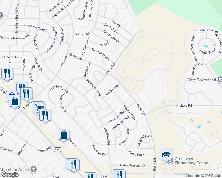 map of restaurants, bars, coffee shops, grocery stores, and more near 2 Hemlock Trace in Ocala