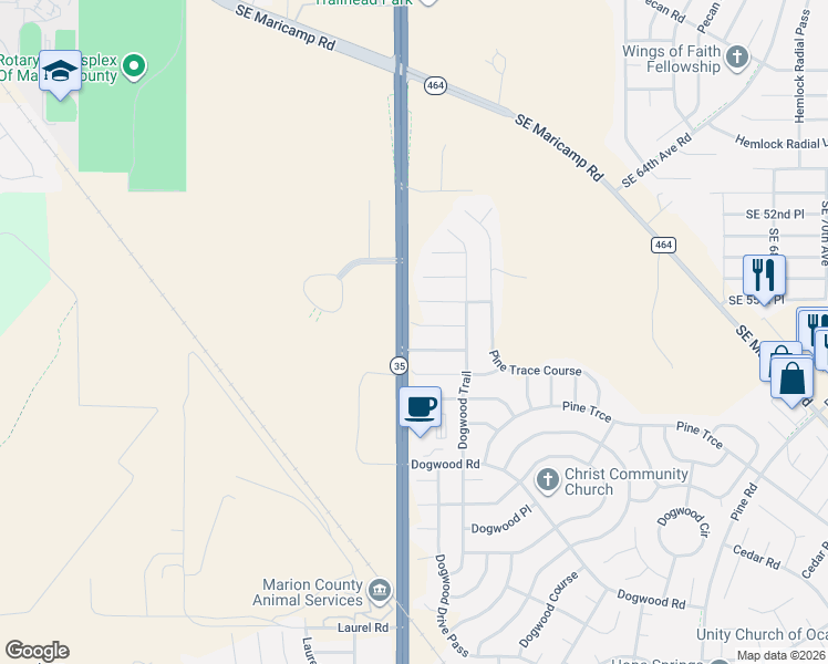 map of restaurants, bars, coffee shops, grocery stores, and more near 4 Dogwood Trail Pass in Ocala